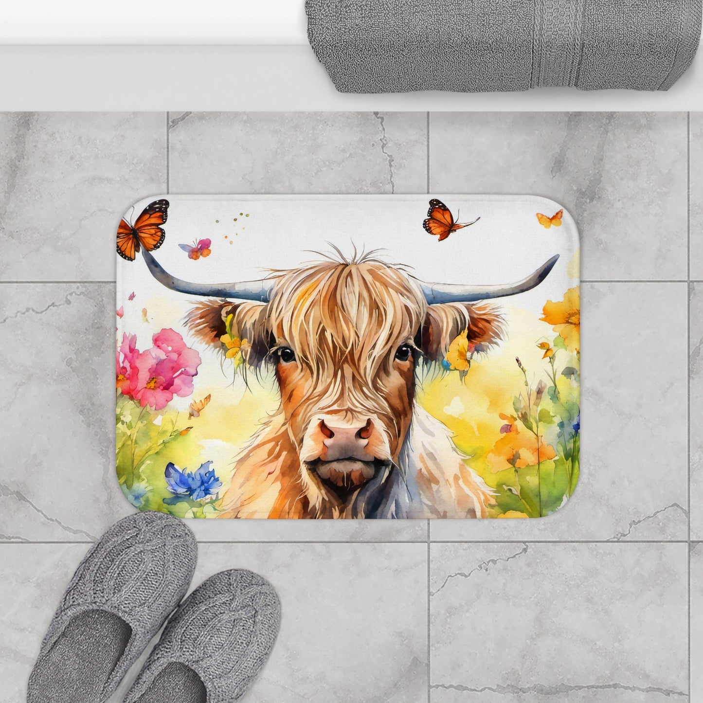 Whimsical Cow Bath Mat | Farmhouse Decor, Bathroom Accessory, Floral Design, Gift for Animal Lovers, Bathroom Mat