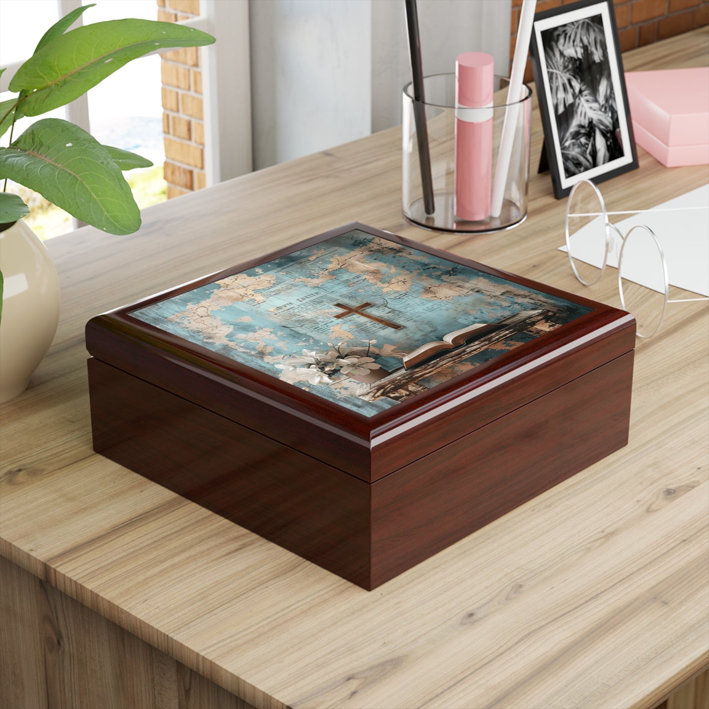 Rustic Jewelry Box with Floral Design, Decorative Keepsake, Gift for Her, Faith-Inspired Storage, Perfect for Birthdays & Anniversaries