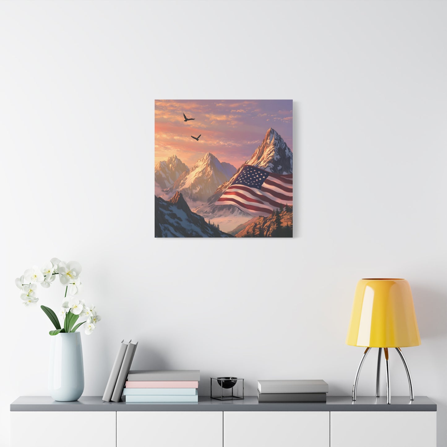 Patriotic Canvas Wall Art, Mountain Landscape with American Flag, Home Decor, Gift for Veterans, Nature Print, 4th of July Decoration