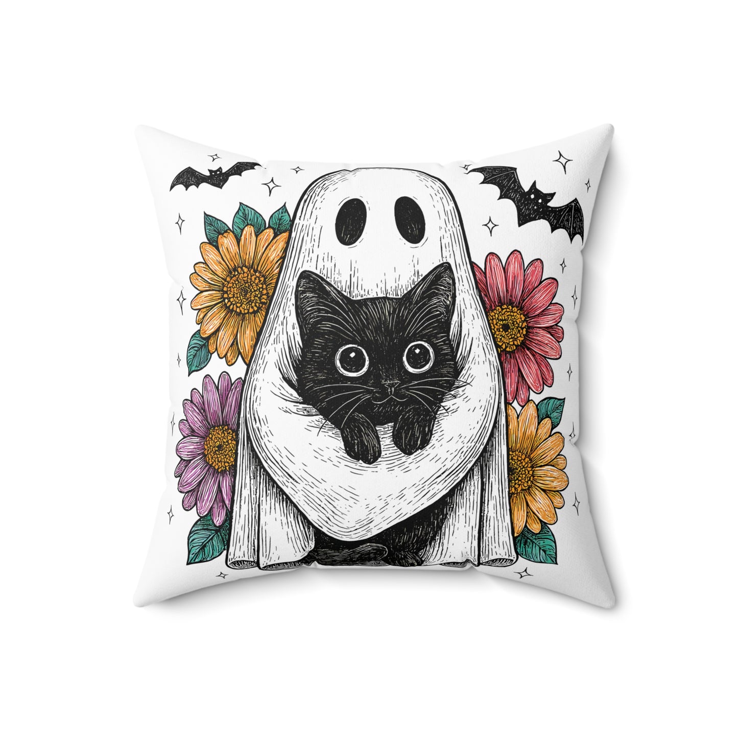 Adorable Ghost Cat Pillow with Floral Accents, Halloween Home Decor, Cozy Throw Pillow, Gift for Cat Lovers, Fall Decor