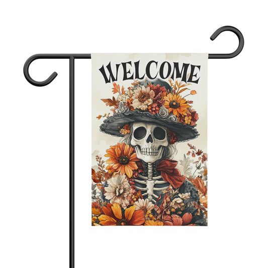 Welcome Garden Banner with Skull and Flowers, Outdoor Decor, Halloween Decoration, Fall Welcome Sign, Garden Flag