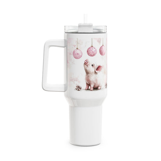 Cute Pig Holiday Tumbler, 40oz Insulated Drinkware for Parties, Christmas, Gift for Animal Lovers, Reusable Travel Cup