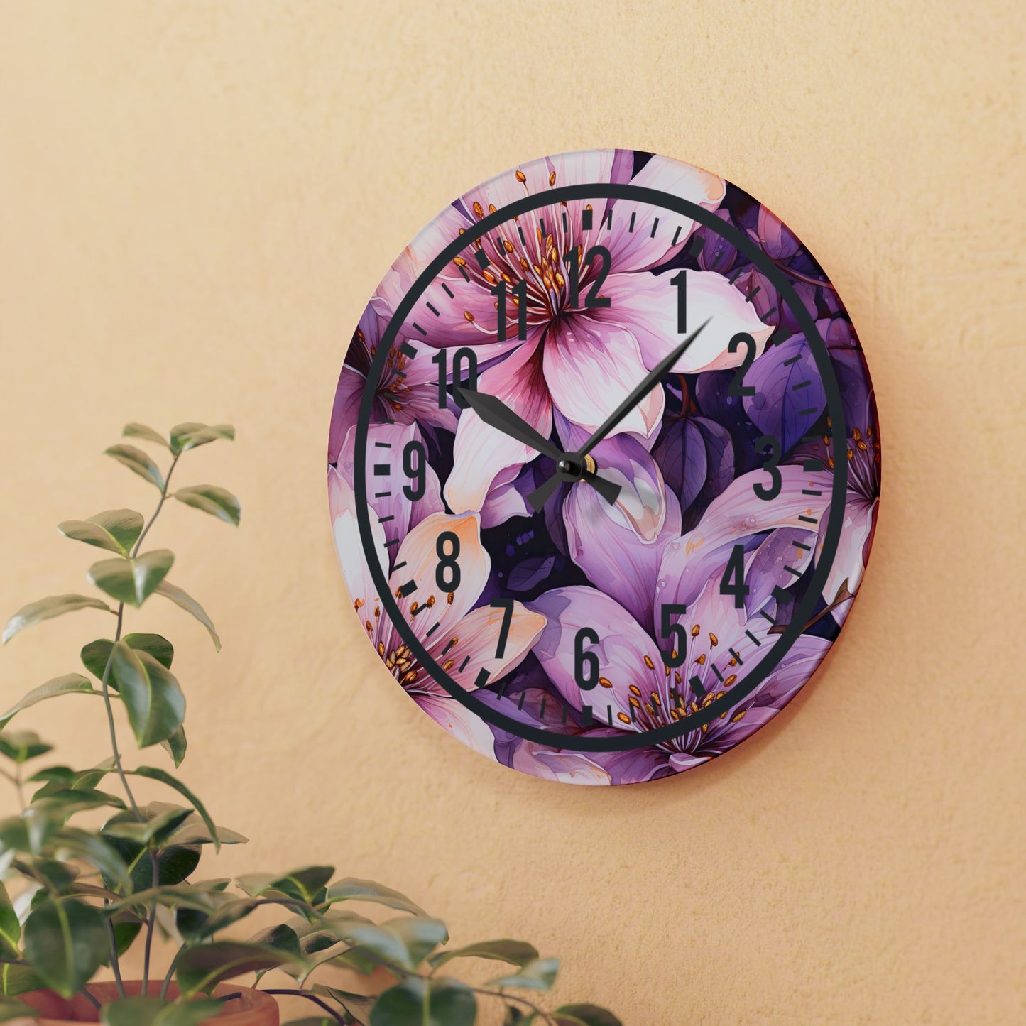 Floral Acrylic Wall Clock, Boho Home Decor, Unique Gift for Her, Modern Wall Art, Birthday, Wedding, Housewarming
