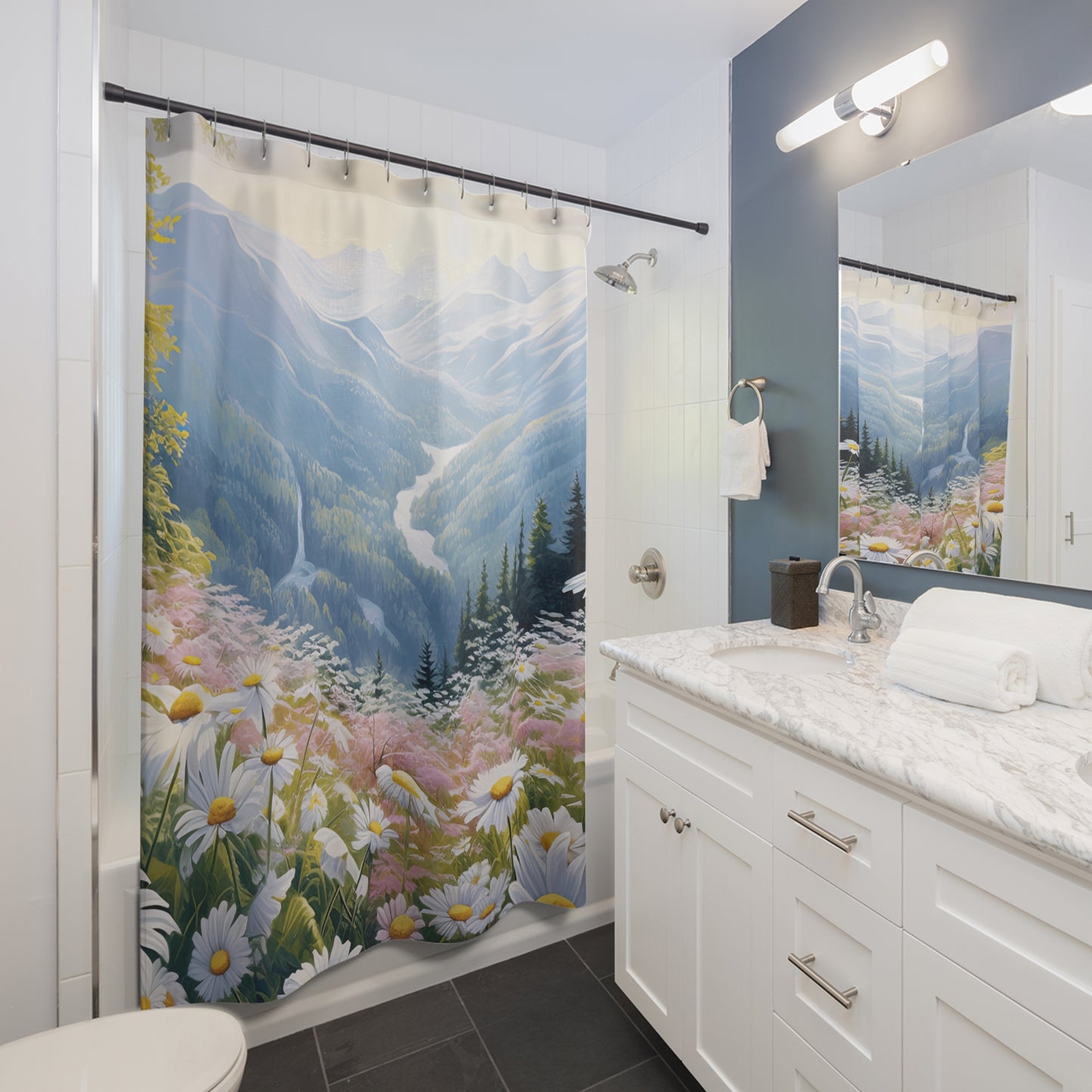 Nature-Inspired Shower Curtain, Floral Bathroom Decor, Mountain Landscape Curtain, Boho Home Essentials, Spring Vibes