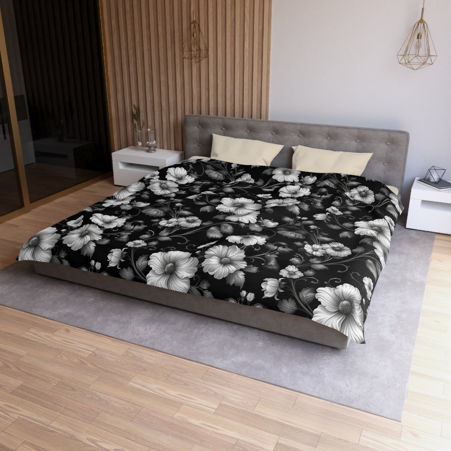Floral Microfiber Duvet Cover | Elegant Black & White Bedding, Boho Home Decor, Gift for Her, Cozy Bedroom Essentials, Floral Decor