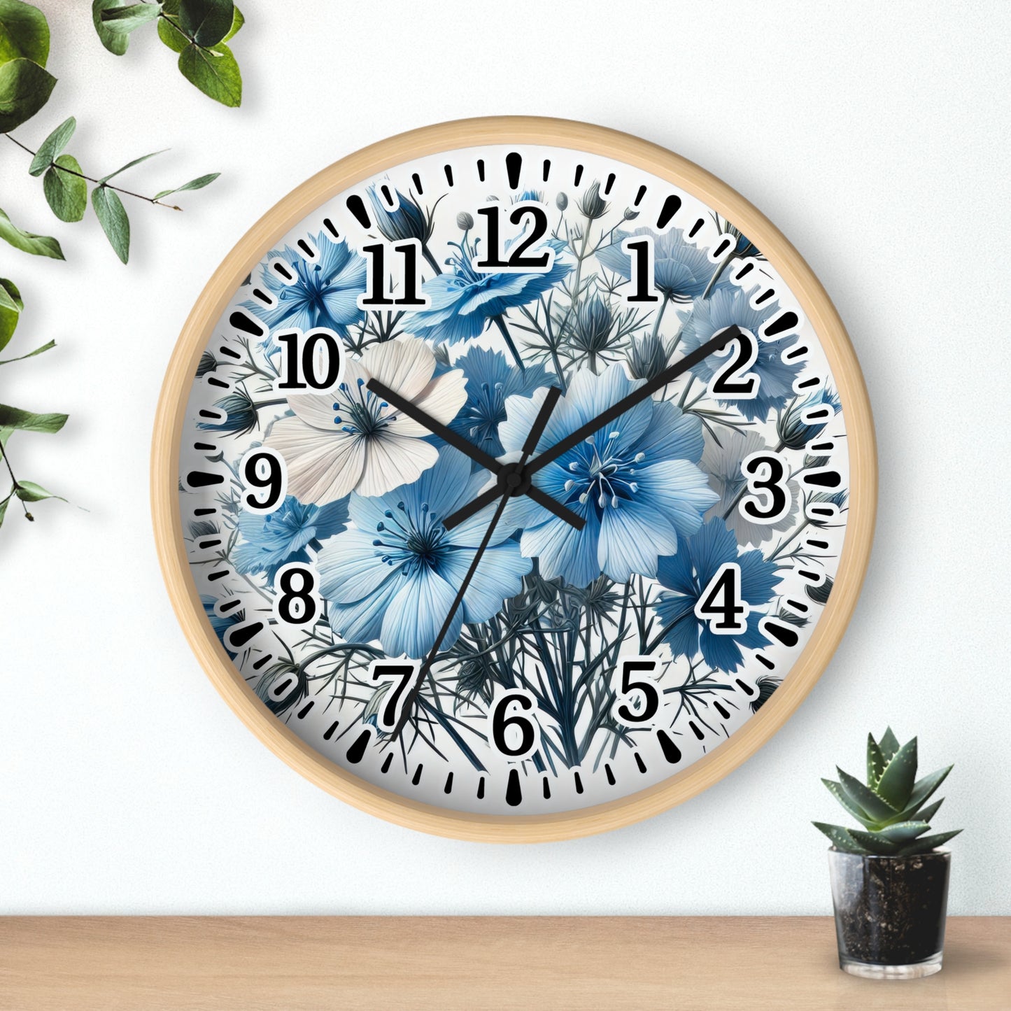 Floral Blue Wall Clock - Elegant Home Decor, Timeless Gift, Stylish Timepiece, Flower-Inspired Design, Perfect for Housewarming