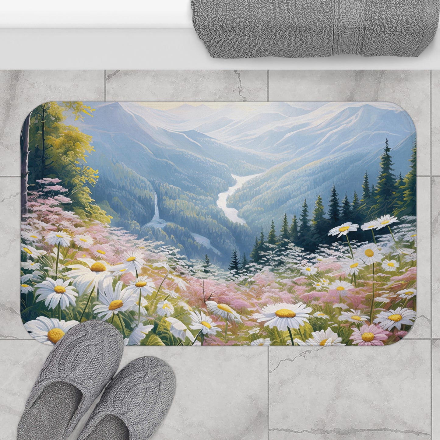 Floral Mountain Bath Mat, Nature Decor, Bathroom Accessories, Gift for Her, Cozy Home Decor