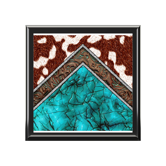 Rustic Turquoise Jewelry Box, Stylish Organizer, Cowhide Decor, Gift for Nature Lovers, Wedding, Anniversary