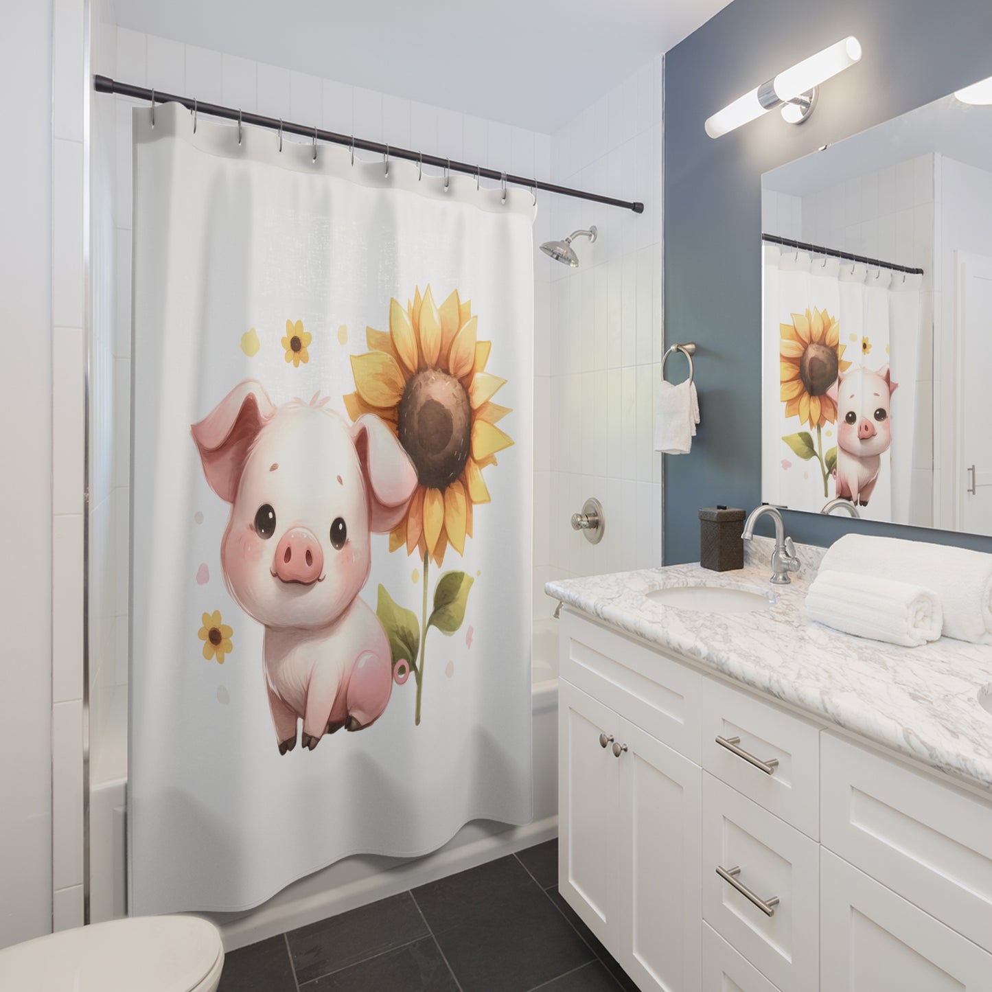 Cute Pig & Sunflower Shower Curtain - Adorable Farmhouse Decor, Gift for Animal Lovers, Kids' Bathroom, Farmhouse Style