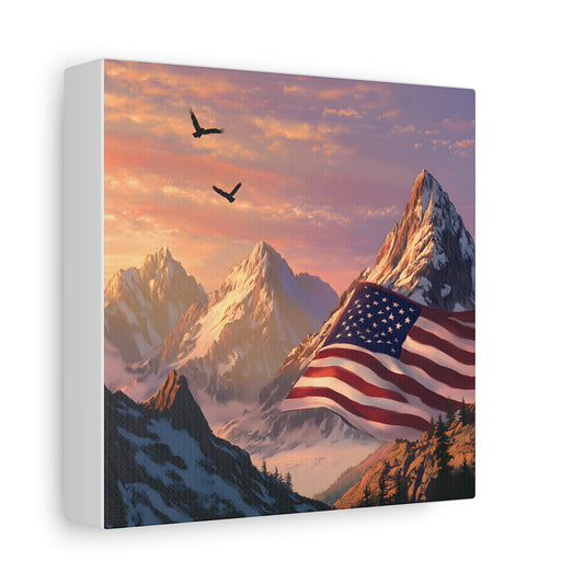 Patriotic Canvas Wall Art, Mountain Landscape with American Flag, Home Decor, Gift for Veterans, Nature Print, 4th of July Decoration