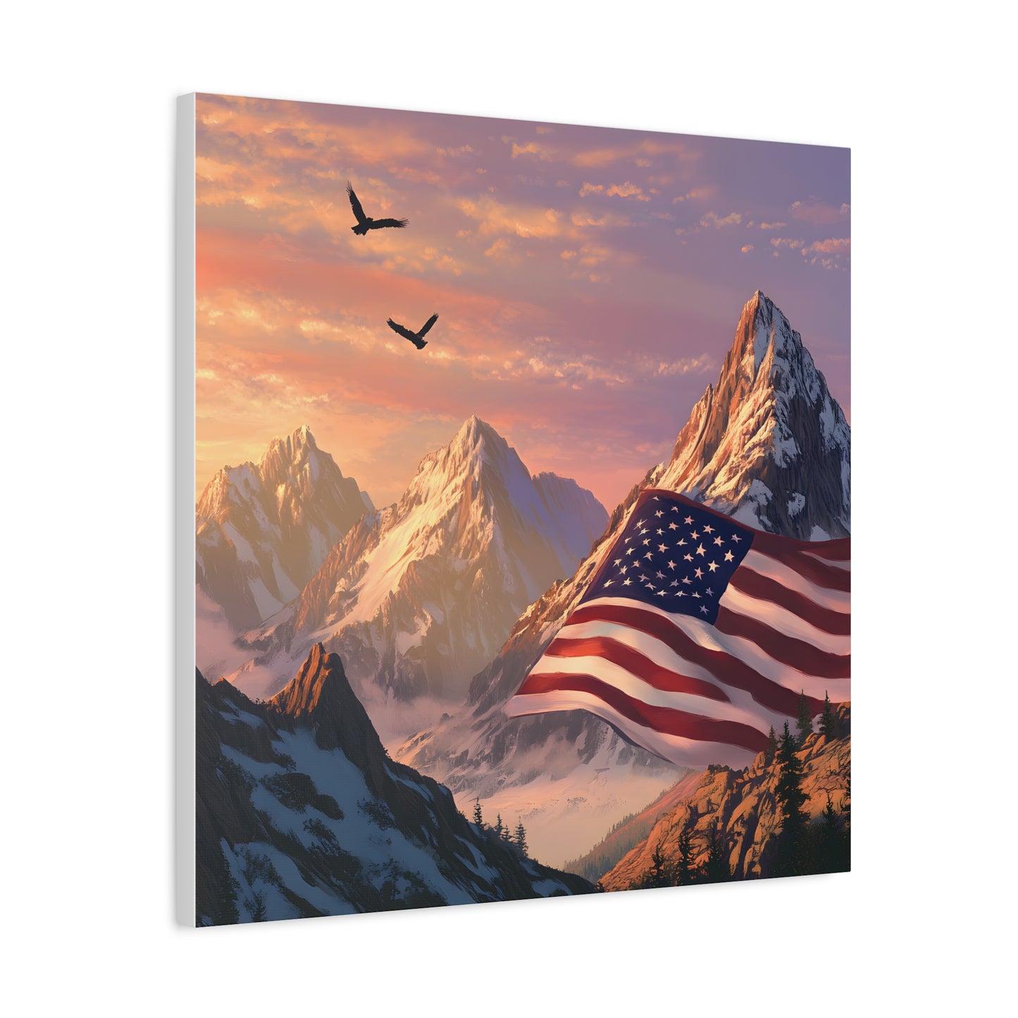 Patriotic Canvas Wall Art, Mountain Landscape with American Flag, Home Decor, Gift for Veterans, Nature Print, 4th of July Decoration