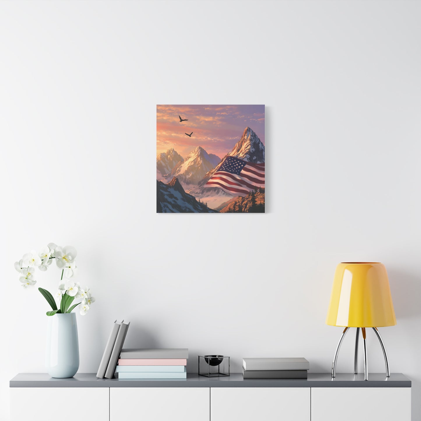 Patriotic Canvas Wall Art, Mountain Landscape with American Flag, Home Decor, Gift for Veterans, Nature Print, 4th of July Decoration