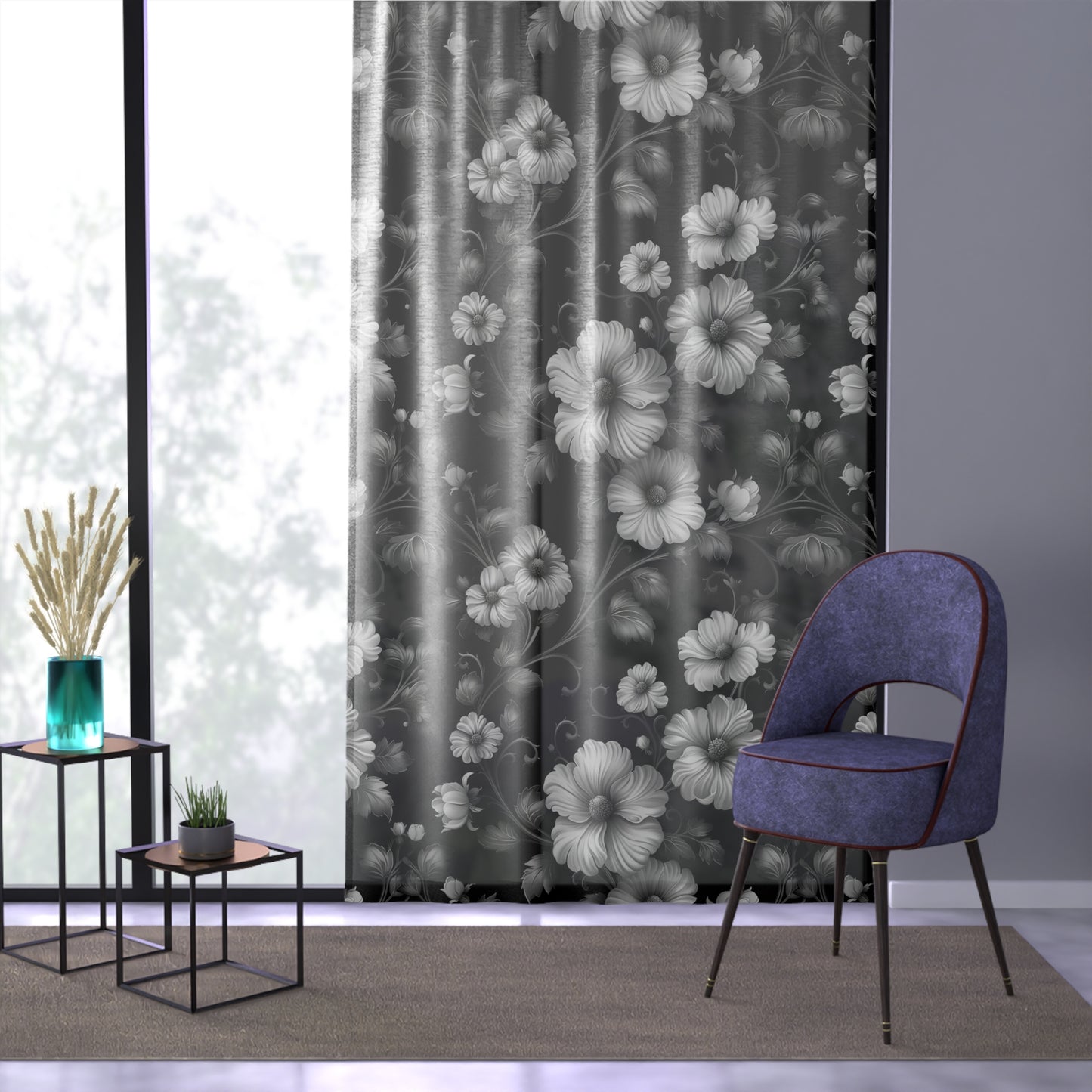 Elegant Floral Sheer Window Curtain, Home Decor, Bohemian Curtains, Black and White Floral Drapes, Wedding Decor, Summer Vibes