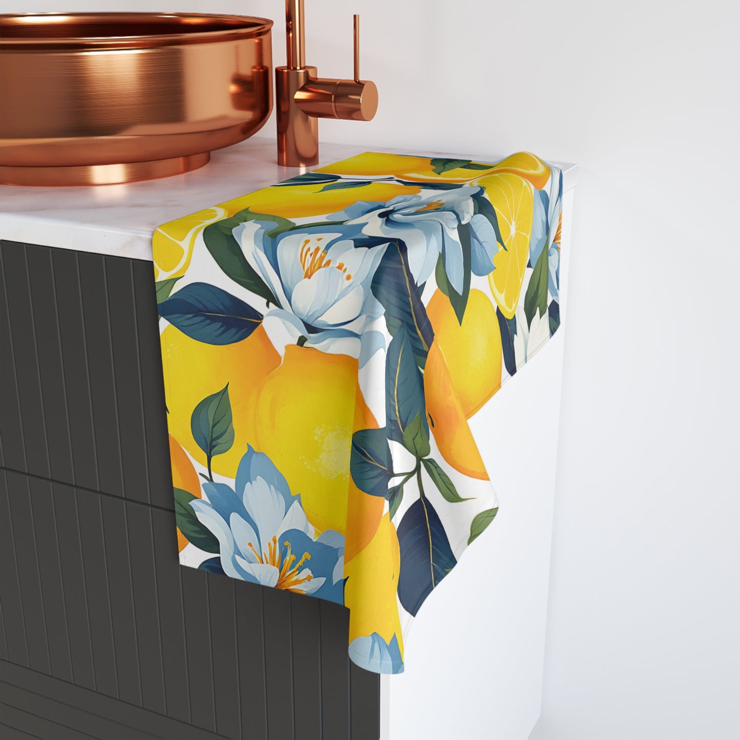 Vibrant Lemon Floral Hand Towel, Kitchen Decor, Gift for Home, Summer Vibes, Bright Bathroom Accessory, Citrus Kitchen Towel
