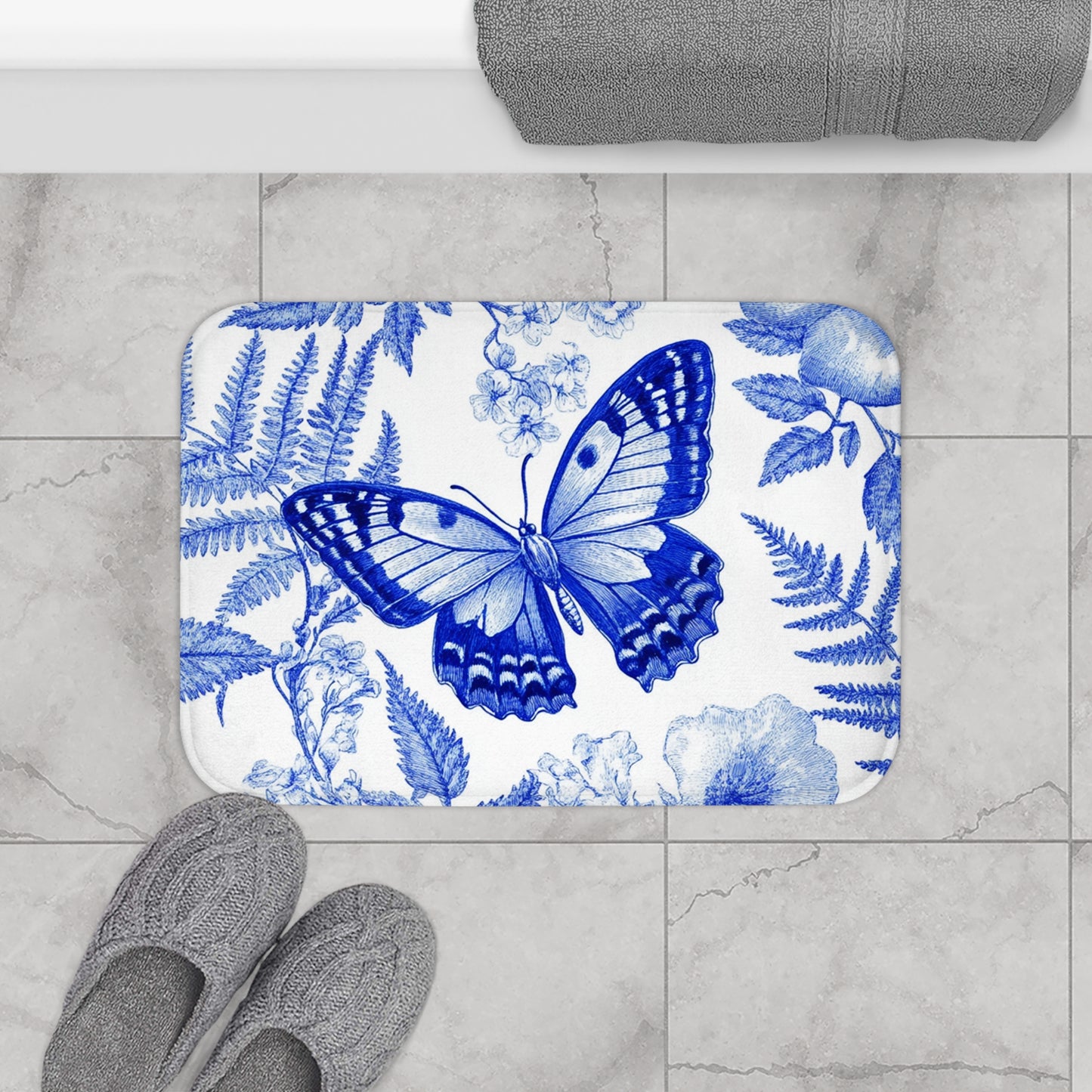 Elegant Butterfly Bath Mat, Floral Bathroom Decor, Blue Butterfly Home Accessory, Luxurious Bathing Experience, Gift for Nature Lovers