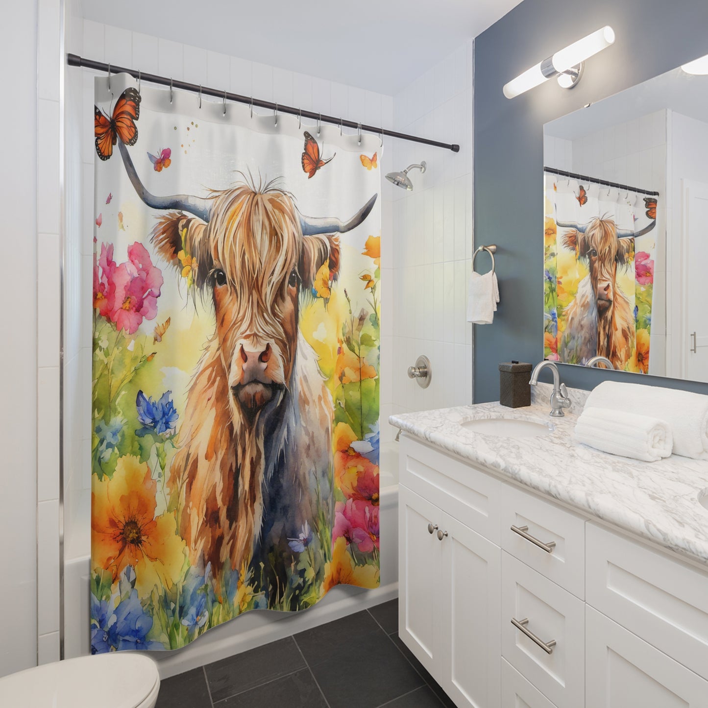 Rustic Floral Cow Shower Curtain, Farmhouse Bathroom Decor, Country Style, Boho Chic, Nature-Inspired Home Accessories, Unique Gift Idea