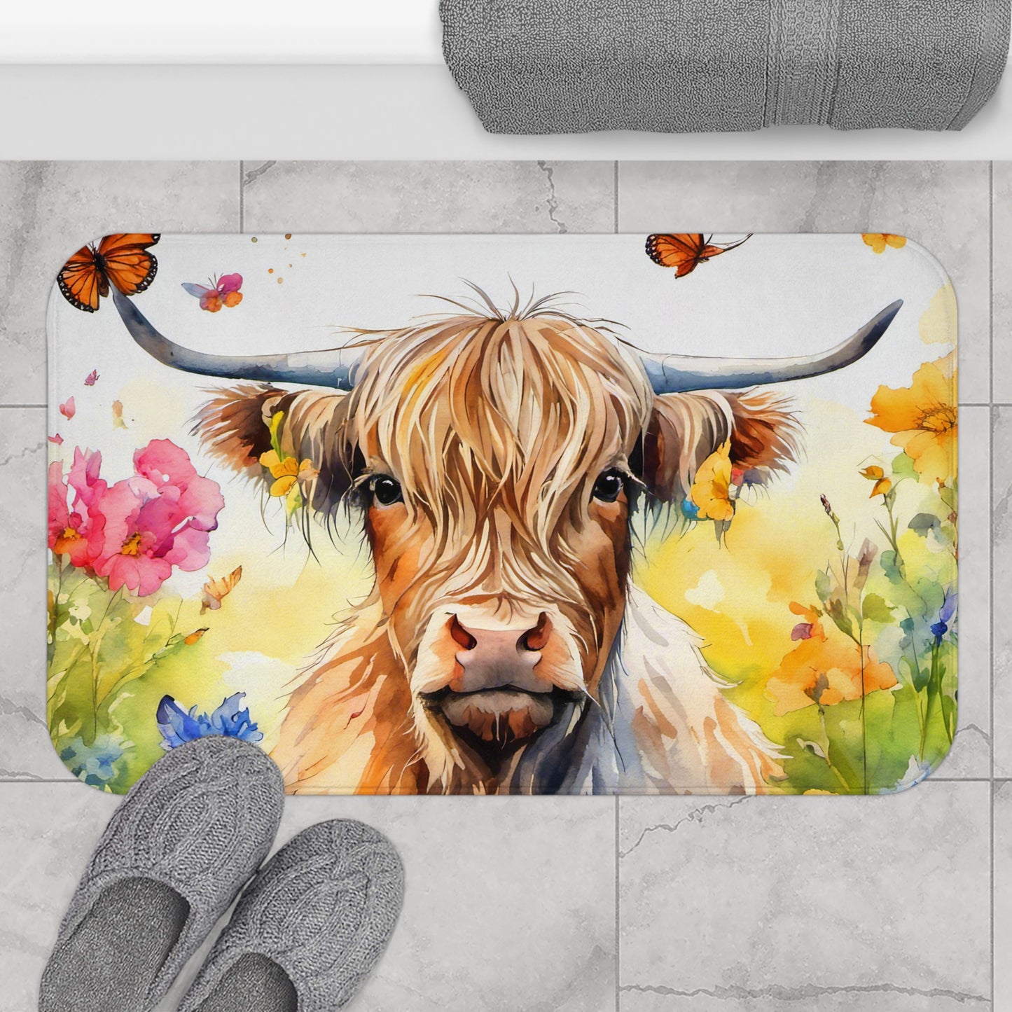 Whimsical Cow Bath Mat | Farmhouse Decor, Bathroom Accessory, Floral Design, Gift for Animal Lovers, Bathroom Mat