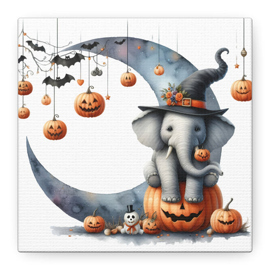 Halloween Elephant Canvas Wall Art, Cute Fall Decor, Pumpkin Elephant Print, Kids Room Decor, Seasonal Home Decoration
