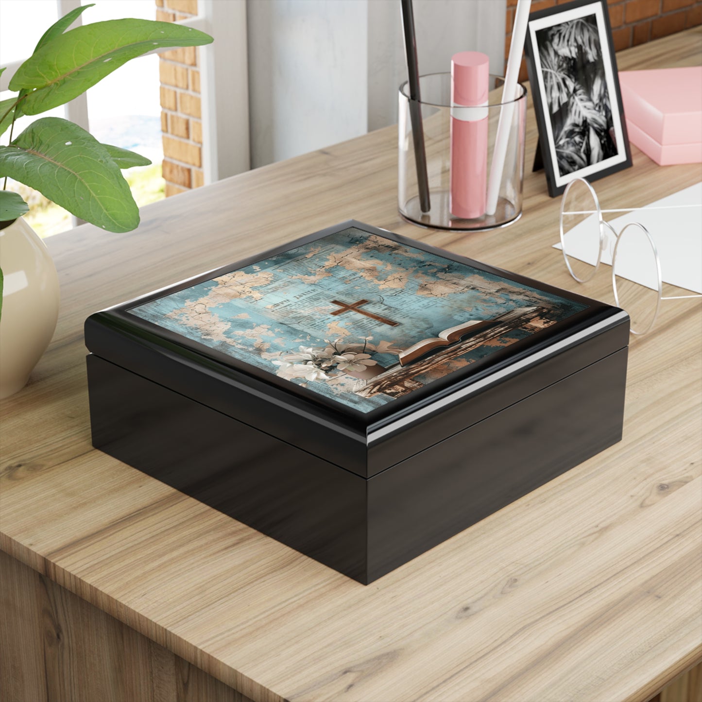 Rustic Jewelry Box with Floral Design, Decorative Keepsake, Gift for Her, Faith-Inspired Storage, Perfect for Birthdays & Anniversaries