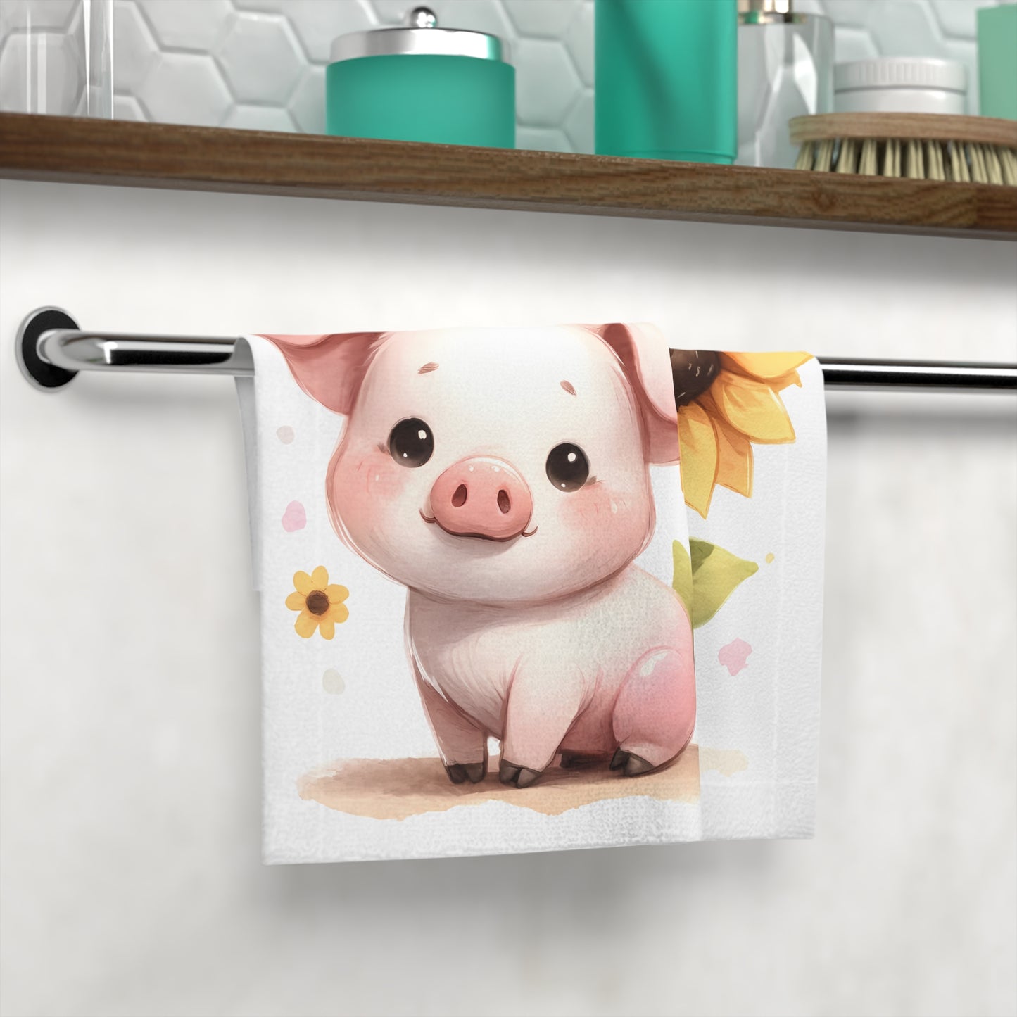 Cute Pig and Sunflower Face Towel, Adorable Bathroom Decor, Gift for Animal Lovers, Kids' Room Accessory, Farmhouse Style