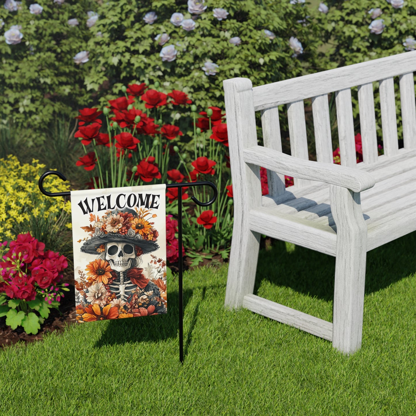 Welcome Garden Banner with Skull and Flowers, Outdoor Decor, Halloween Decoration, Fall Welcome Sign, Garden Flag
