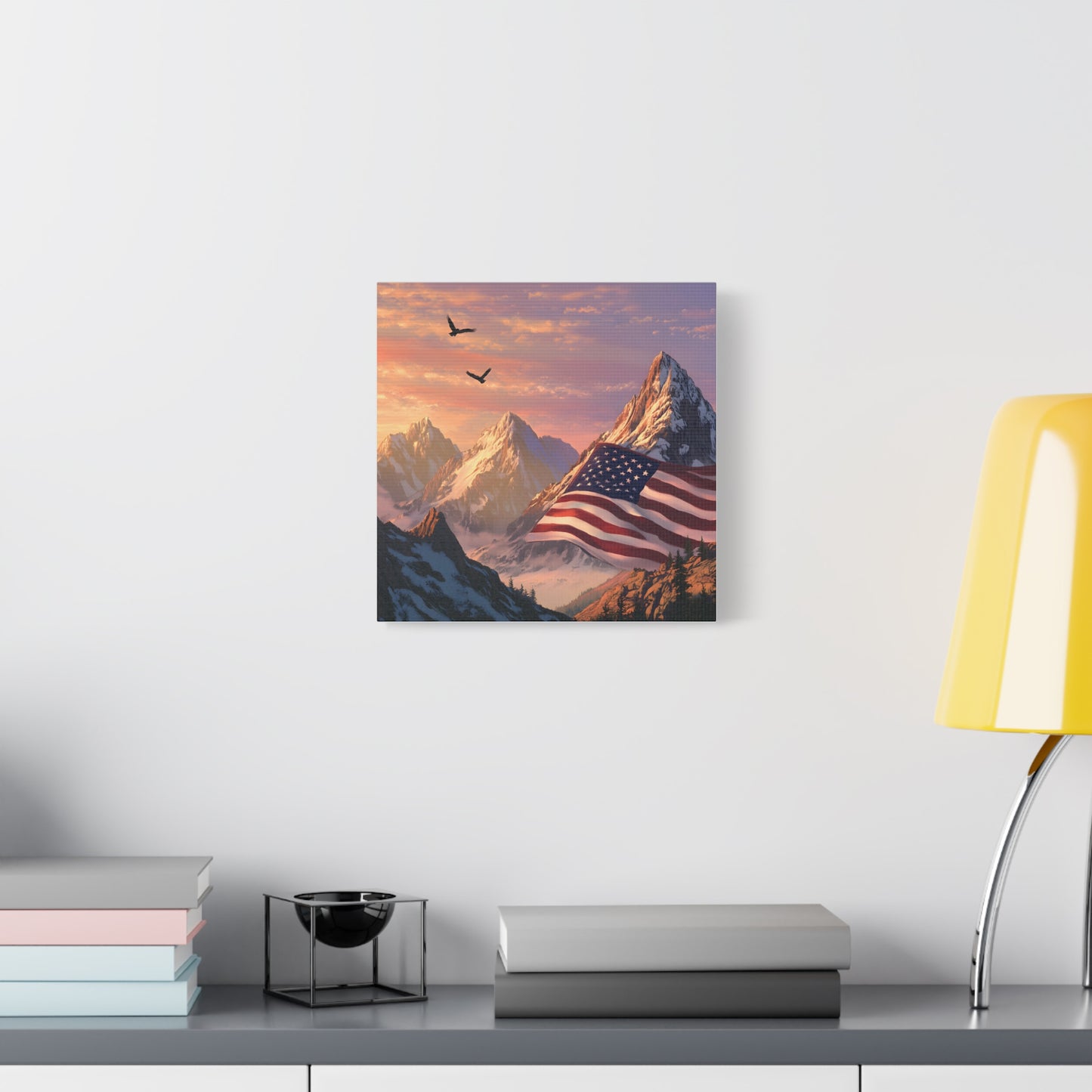Patriotic Canvas Wall Art, Mountain Landscape with American Flag, Home Decor, Gift for Veterans, Nature Print, 4th of July Decoration