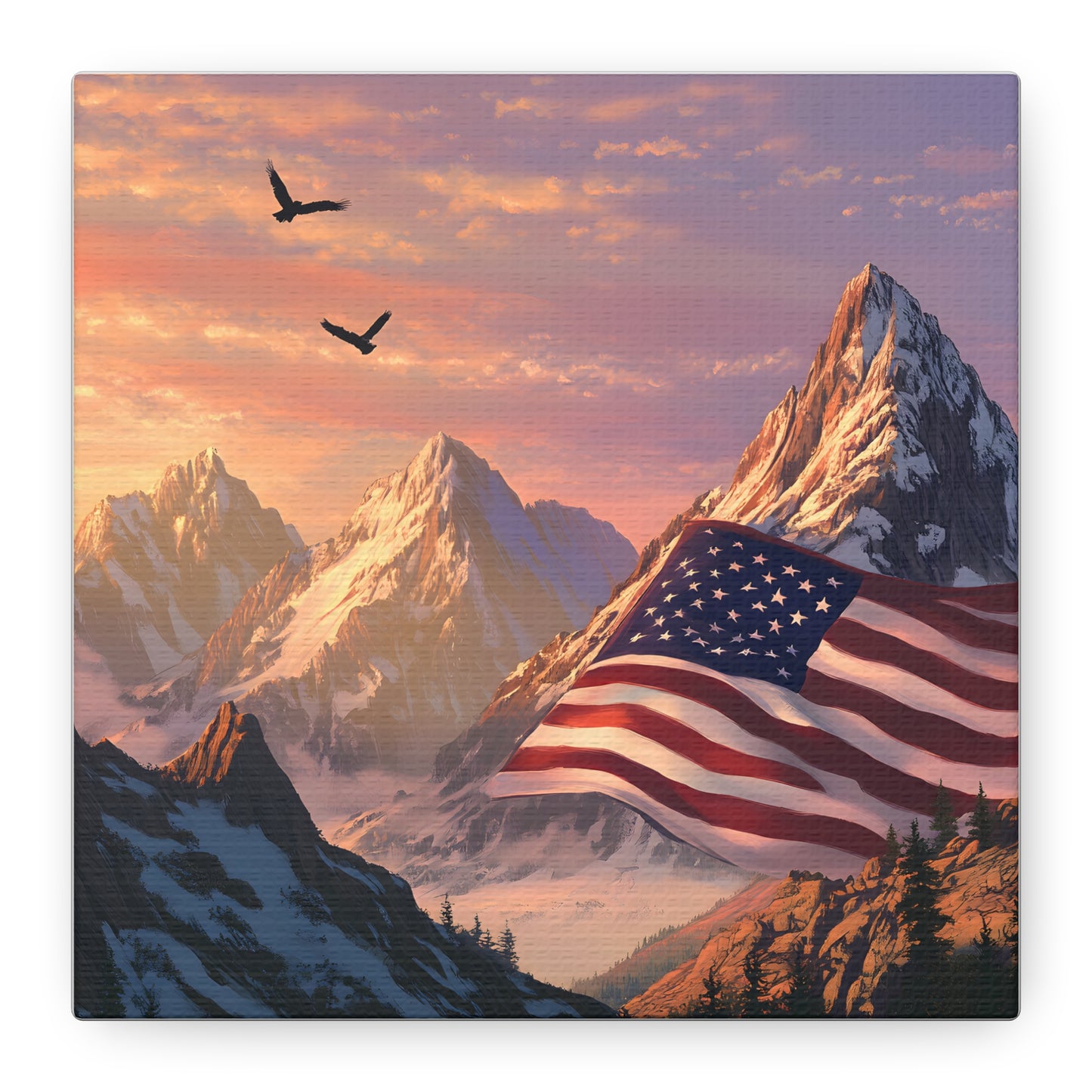 Patriotic Canvas Wall Art, Mountain Landscape with American Flag, Home Decor, Gift for Veterans, Nature Print, 4th of July Decoration