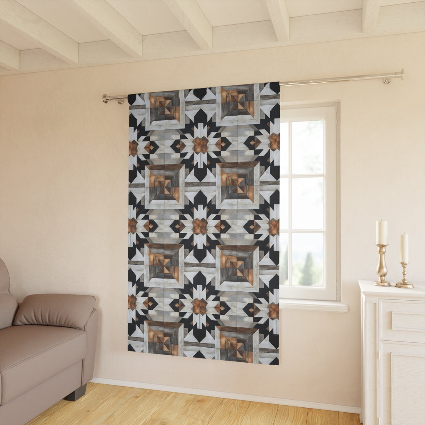 Geometric Boho Window Curtain, Modern Home Decor, Black and Brown Fabric Panel, Living Room Drapes, Unique Curtain Treatment