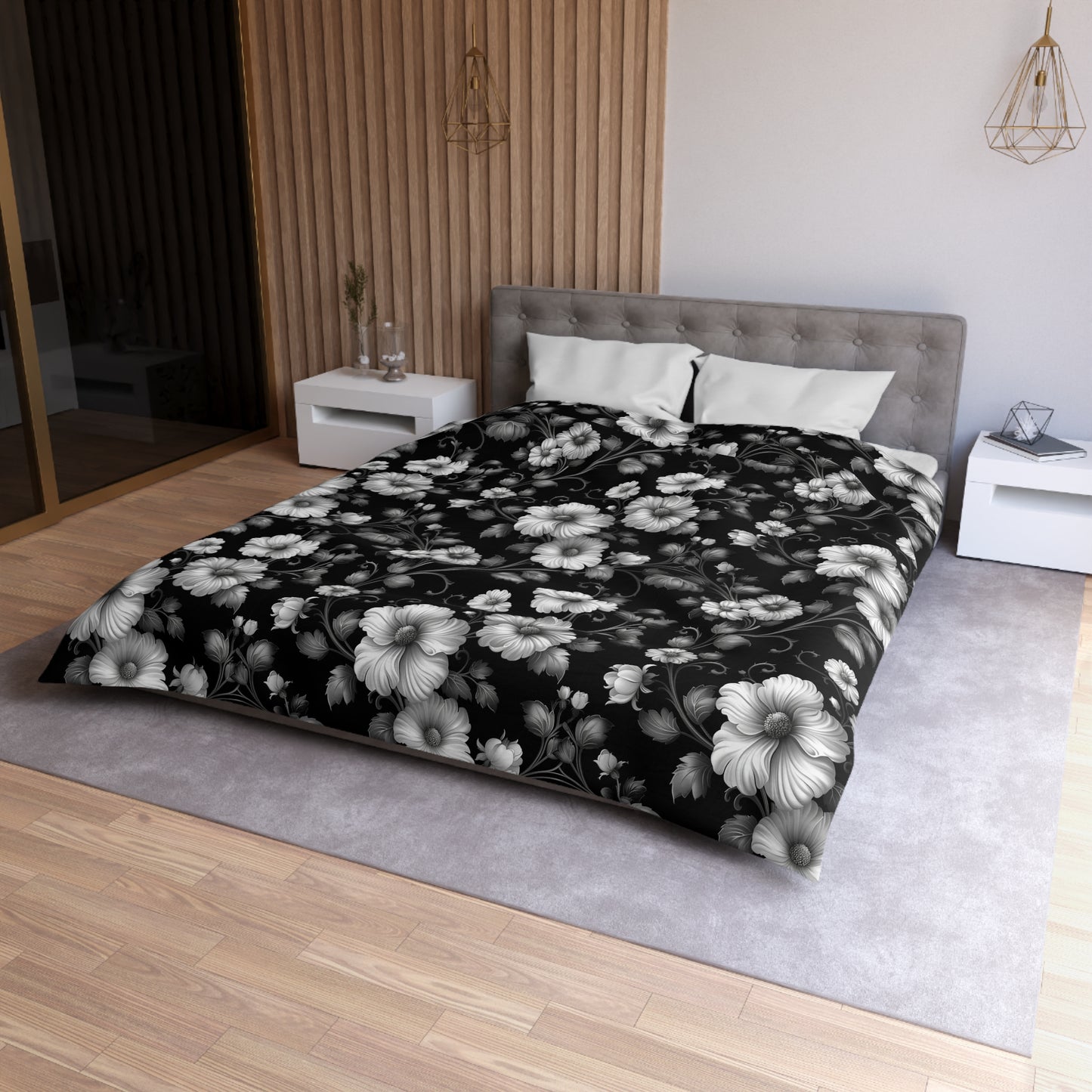 Floral Microfiber Duvet Cover | Elegant Black & White Bedding, Boho Home Decor, Gift for Her, Cozy Bedroom Essentials, Floral Decor