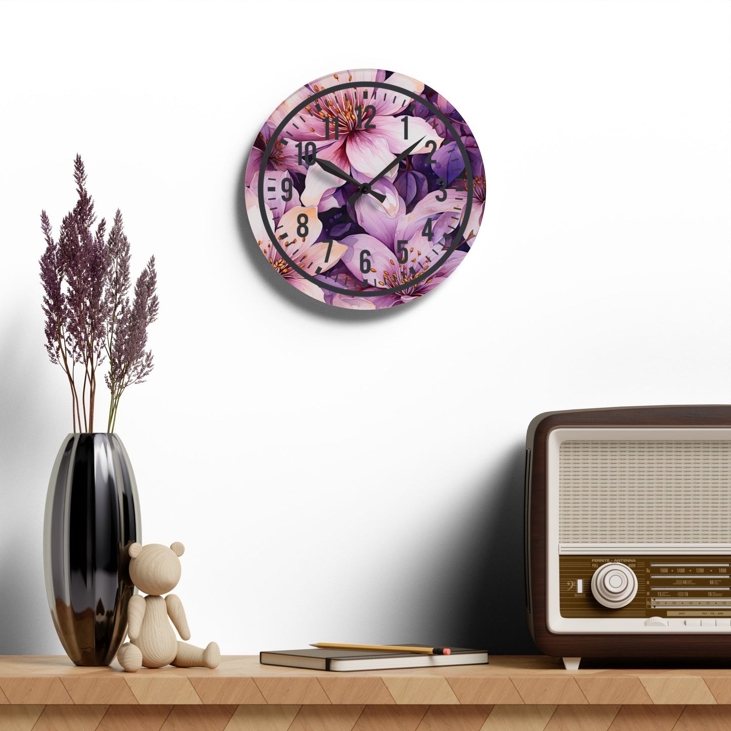 Floral Acrylic Wall Clock, Boho Home Decor, Unique Gift for Her, Modern Wall Art, Birthday, Wedding, Housewarming