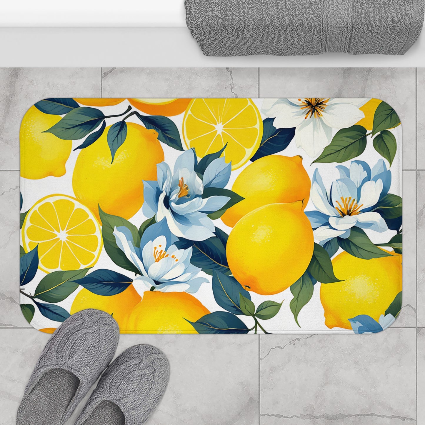 Vibrant Lemon Floral Bath Mat | Citrus Home Decor, Bathroom Accessory, Summer Vibes, Gift for Her, Kitchen Rug