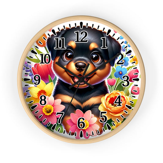 Floral Rottweiler Wall Clock, Pet Lover Gift, Home Decor, Dog Theme Timepiece, Vibrant Kitchen Clock, Unique Animal Clock