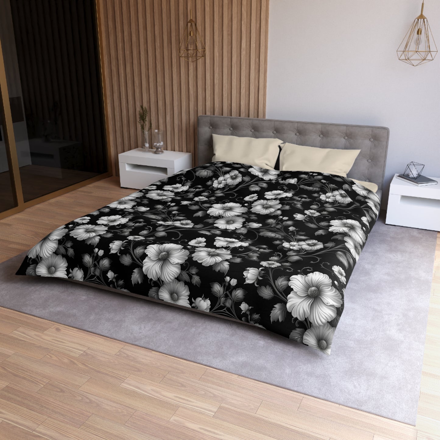 Floral Microfiber Duvet Cover | Elegant Black & White Bedding, Boho Home Decor, Gift for Her, Cozy Bedroom Essentials, Floral Decor
