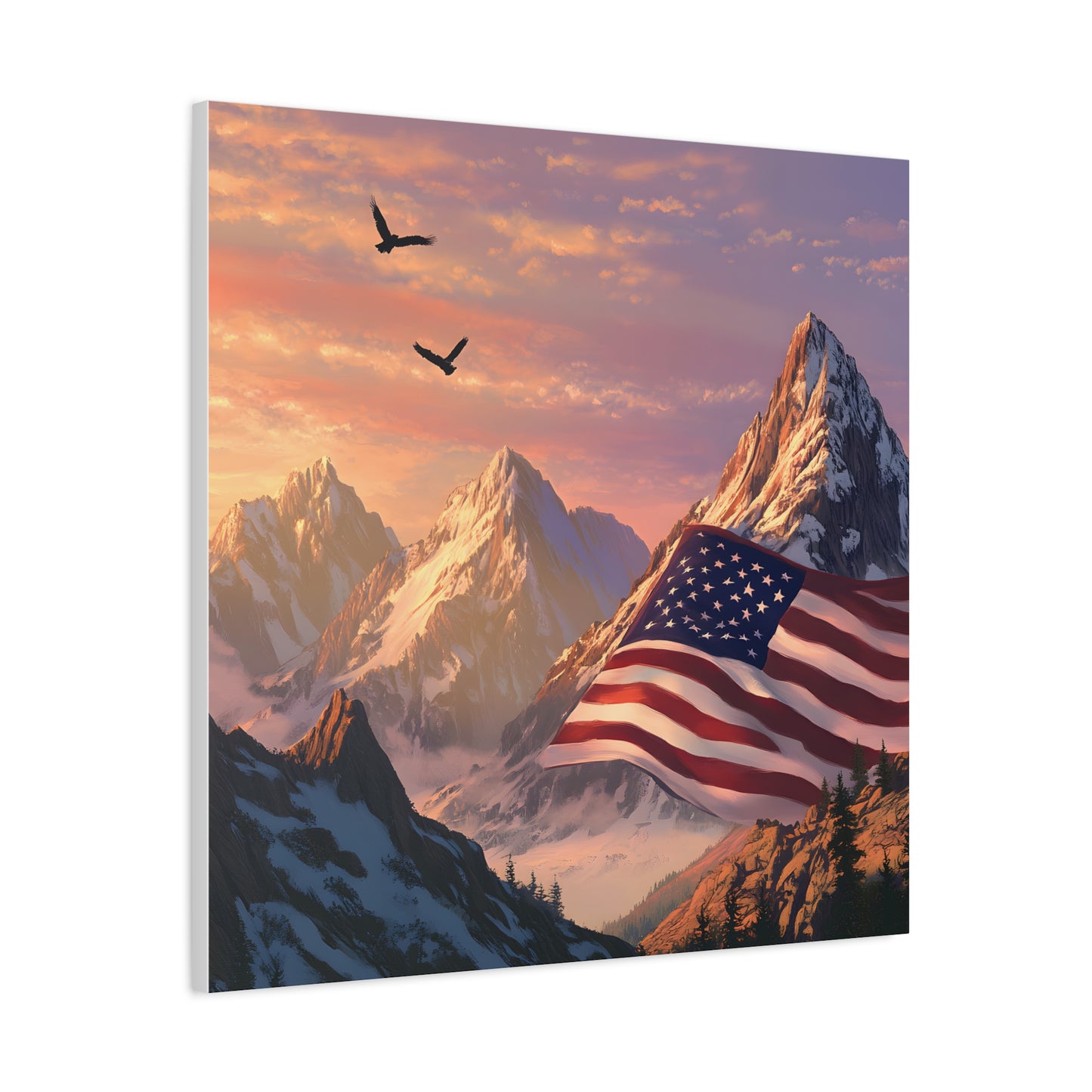 Patriotic Canvas Wall Art, Mountain Landscape with American Flag, Home Decor, Gift for Veterans, Nature Print, 4th of July Decoration