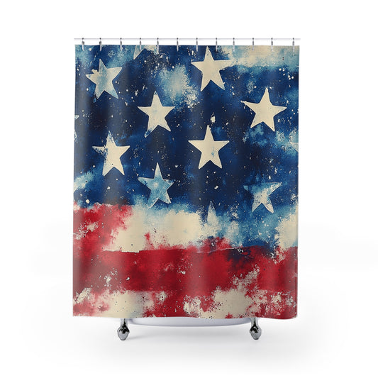 Patriotic Shower Curtain, Vintage American Flag Decor, Starry Bathroom Curtain, Home Decor for Independence Day