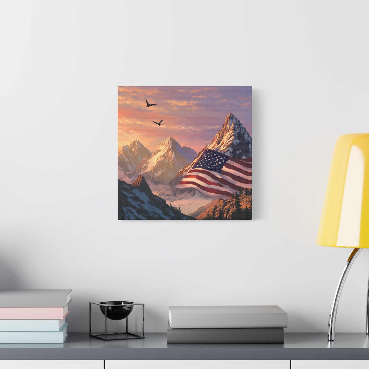 Patriotic Canvas Wall Art, Mountain Landscape with American Flag, Home Decor, Gift for Veterans, Nature Print, 4th of July Decoration