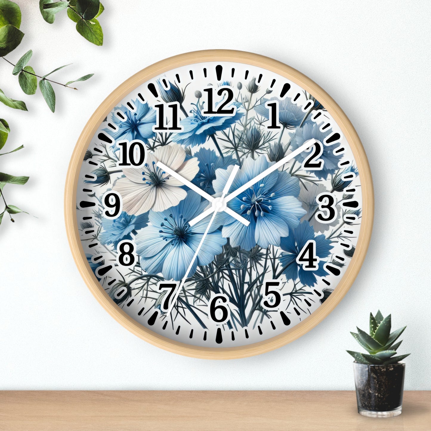Floral Blue Wall Clock - Elegant Home Decor, Timeless Gift, Stylish Timepiece, Flower-Inspired Design, Perfect for Housewarming