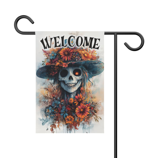 Welcome Garden Flag - Floral Skull Design for Halloween Decorations, Outdoor Decor, Home & Garden, Yard Flag, Spooky Welcome Banner