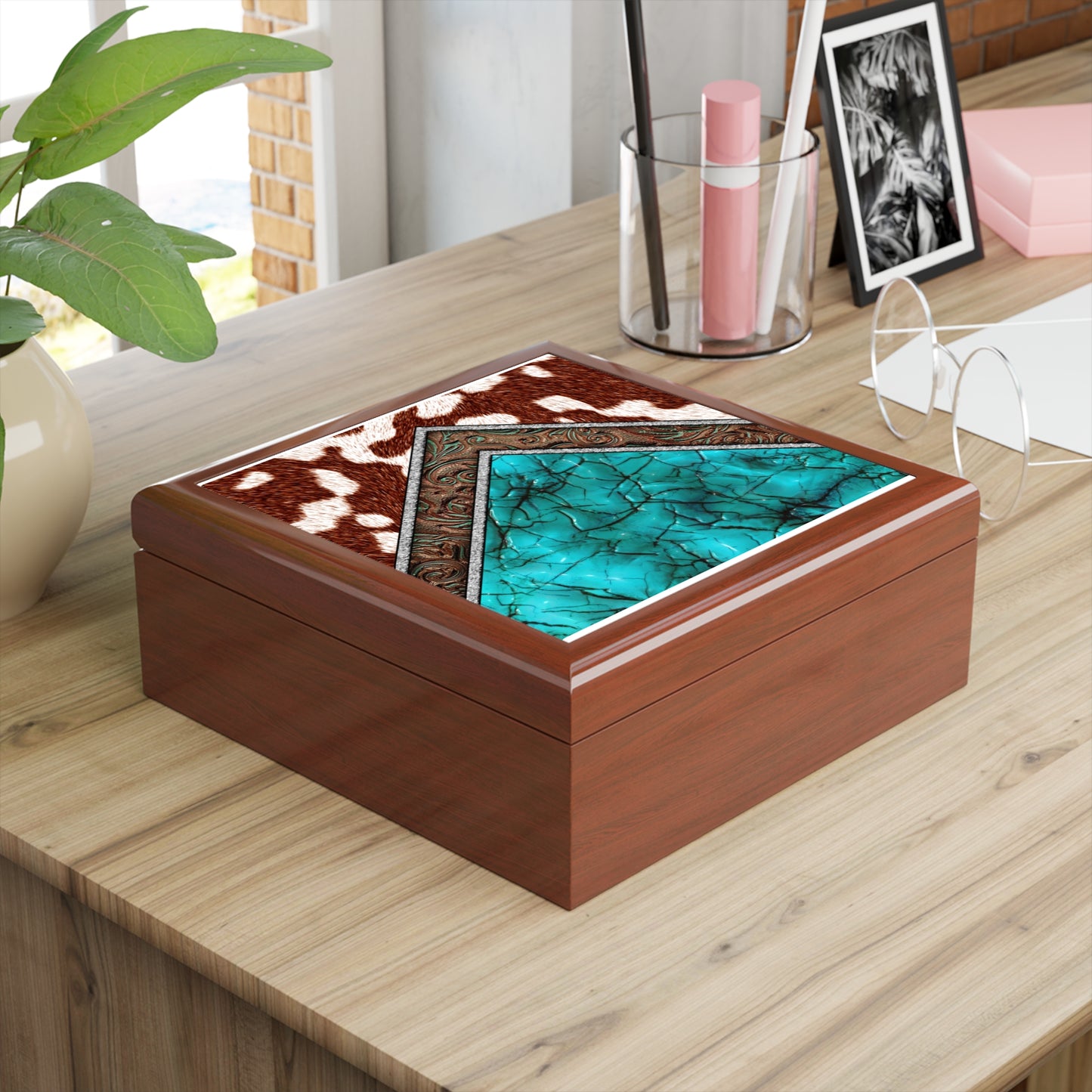 Rustic Turquoise Jewelry Box, Stylish Organizer, Cowhide Decor, Gift for Nature Lovers, Wedding, Anniversary