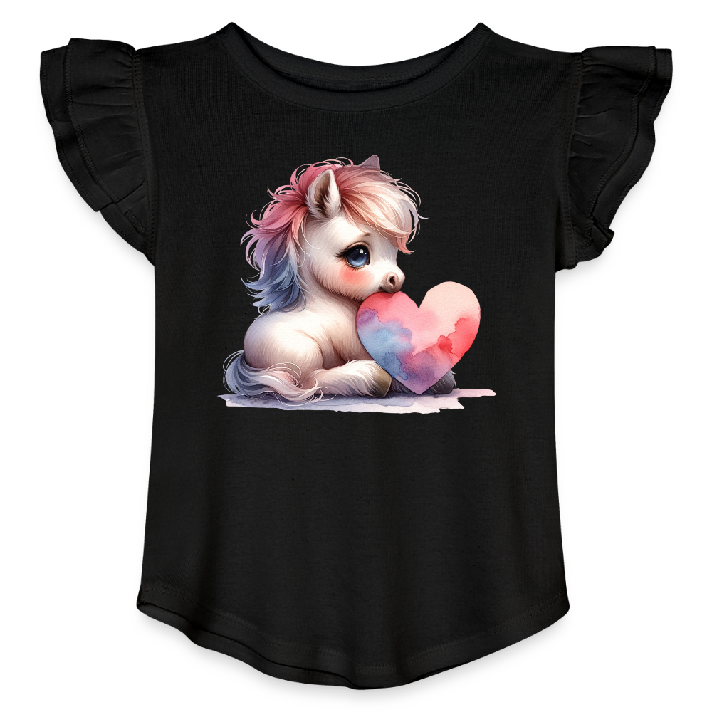 Heart Horse Toddler Girls Flutter T-shirt - black