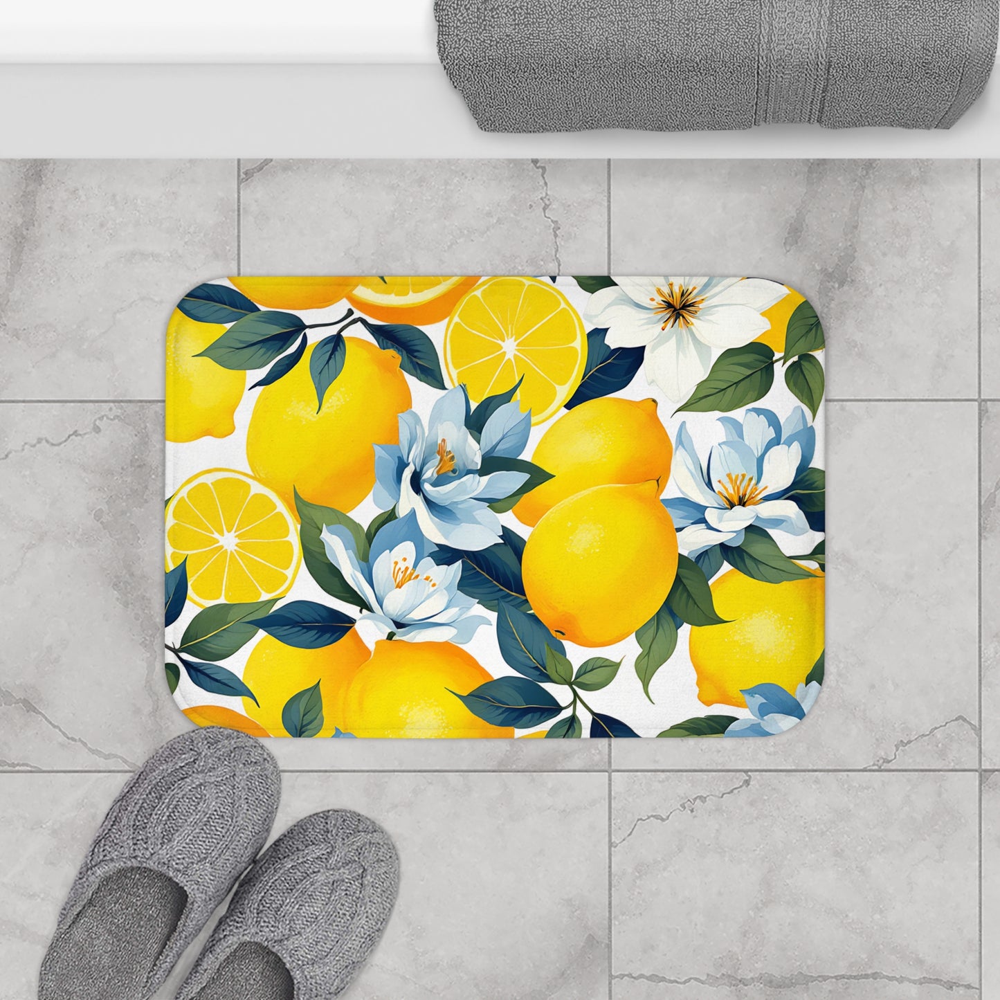 Vibrant Lemon Floral Bath Mat | Citrus Home Decor, Bathroom Accessory, Summer Vibes, Gift for Her, Kitchen Rug