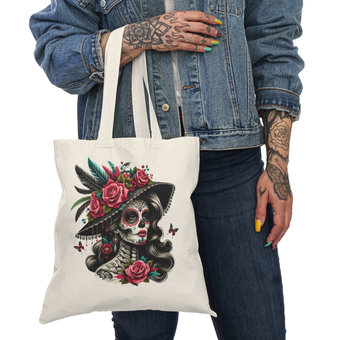 Floral Skull Tote Bag, Day of the Dead Bag, Eco-Friendly Shopping Tote, Boho Chic Shopper, Gift for Halloween, Festival Essentials