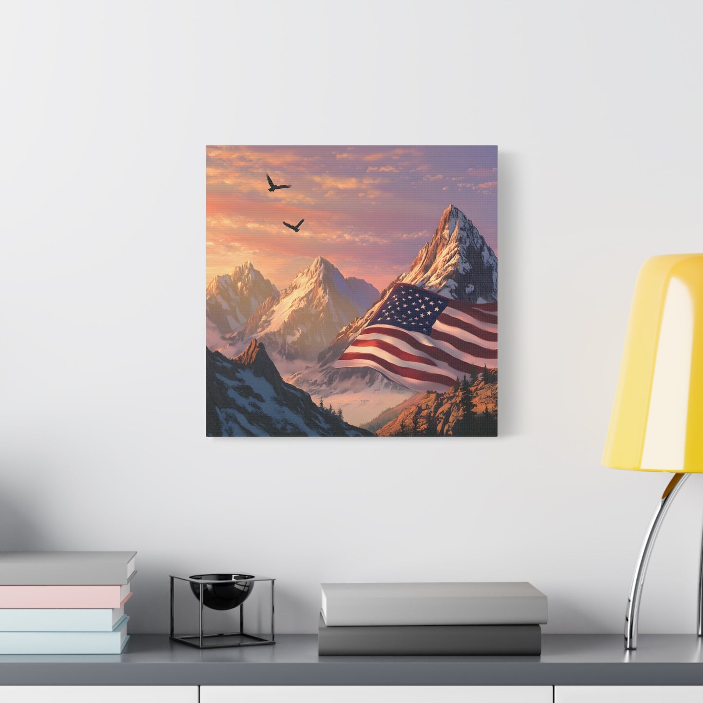 Patriotic Canvas Wall Art, Mountain Landscape with American Flag, Home Decor, Gift for Veterans, Nature Print, 4th of July Decoration