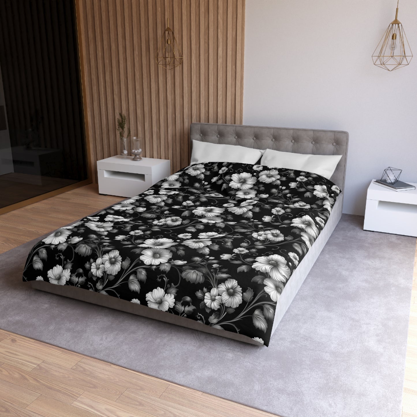 Floral Microfiber Duvet Cover | Elegant Black & White Bedding, Boho Home Decor, Gift for Her, Cozy Bedroom Essentials, Floral Decor