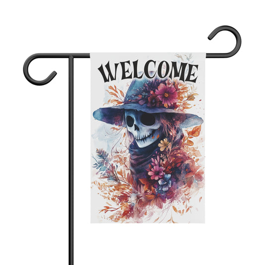 Welcome Skeleton Garden Banner, Floral Home Decor, Halloween Decoration, Outdoor Yard Sign, Fall Welcome Flag
