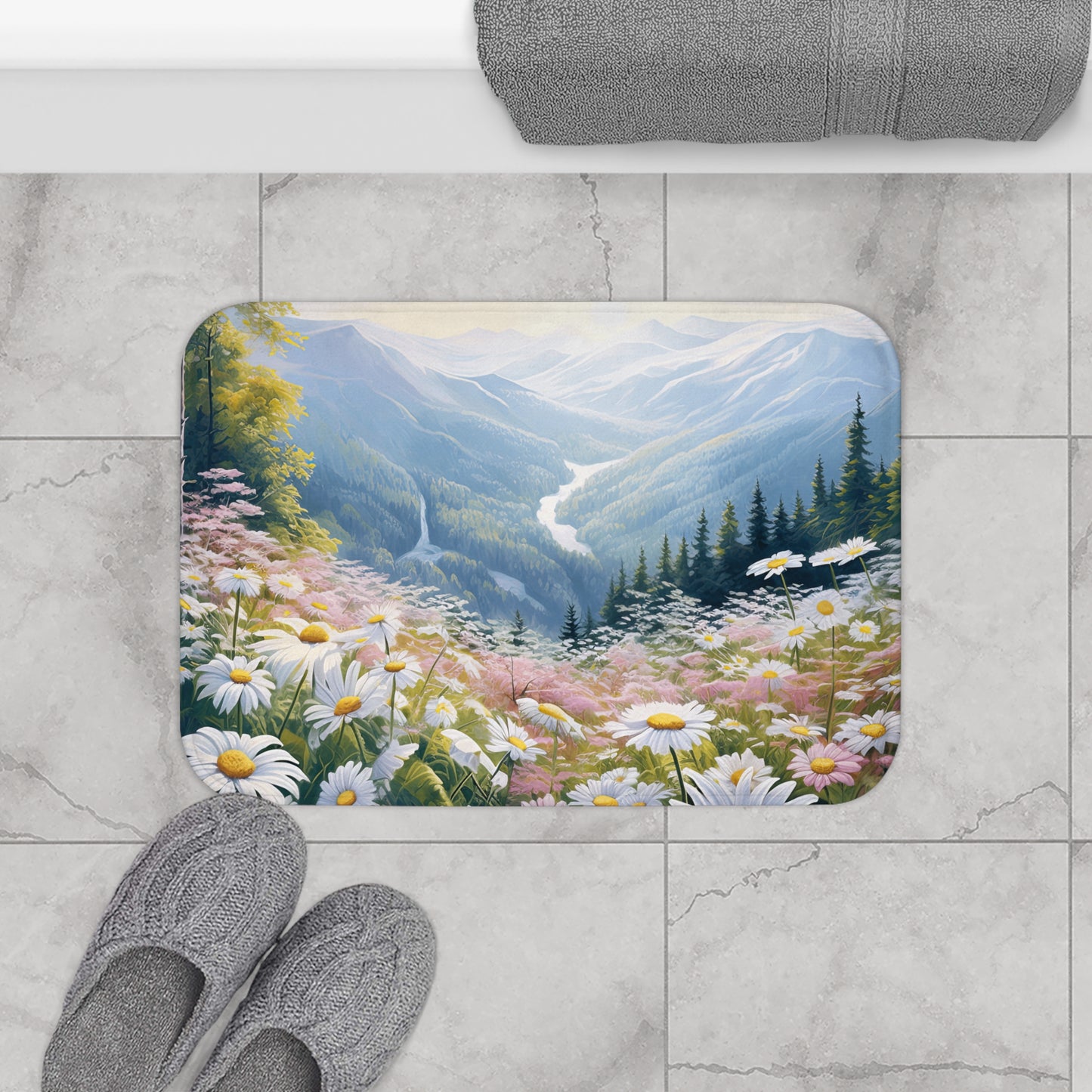 Floral Mountain Bath Mat, Nature Decor, Bathroom Accessories, Gift for Her, Cozy Home Decor