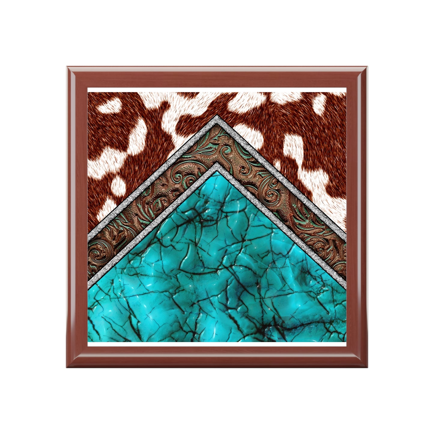 Rustic Turquoise Jewelry Box, Stylish Organizer, Cowhide Decor, Gift for Nature Lovers, Wedding, Anniversary