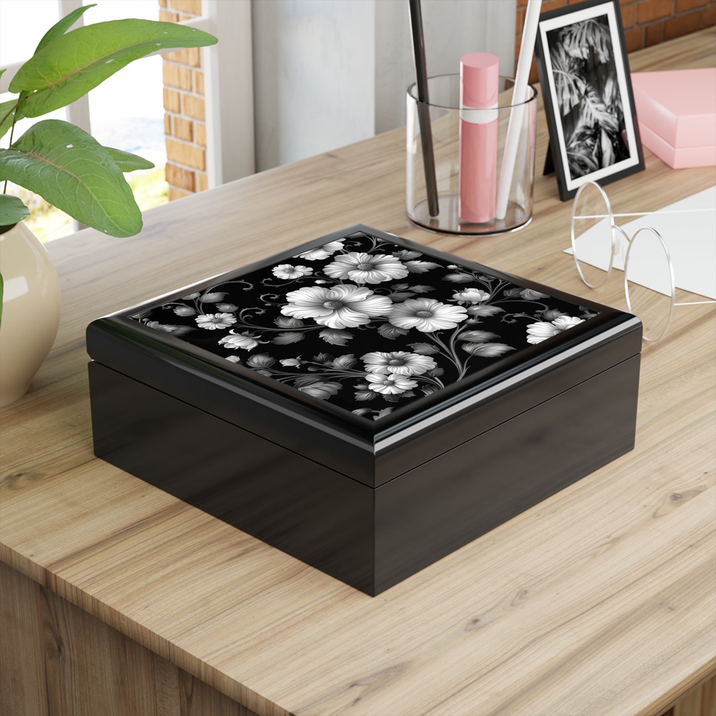 Elegant Floral Jewelry Box, Black Floral Design Keepsake, Gift for Her, Mothers Day, Wedding, Birthday, Home Decor, Jewelry Organizer