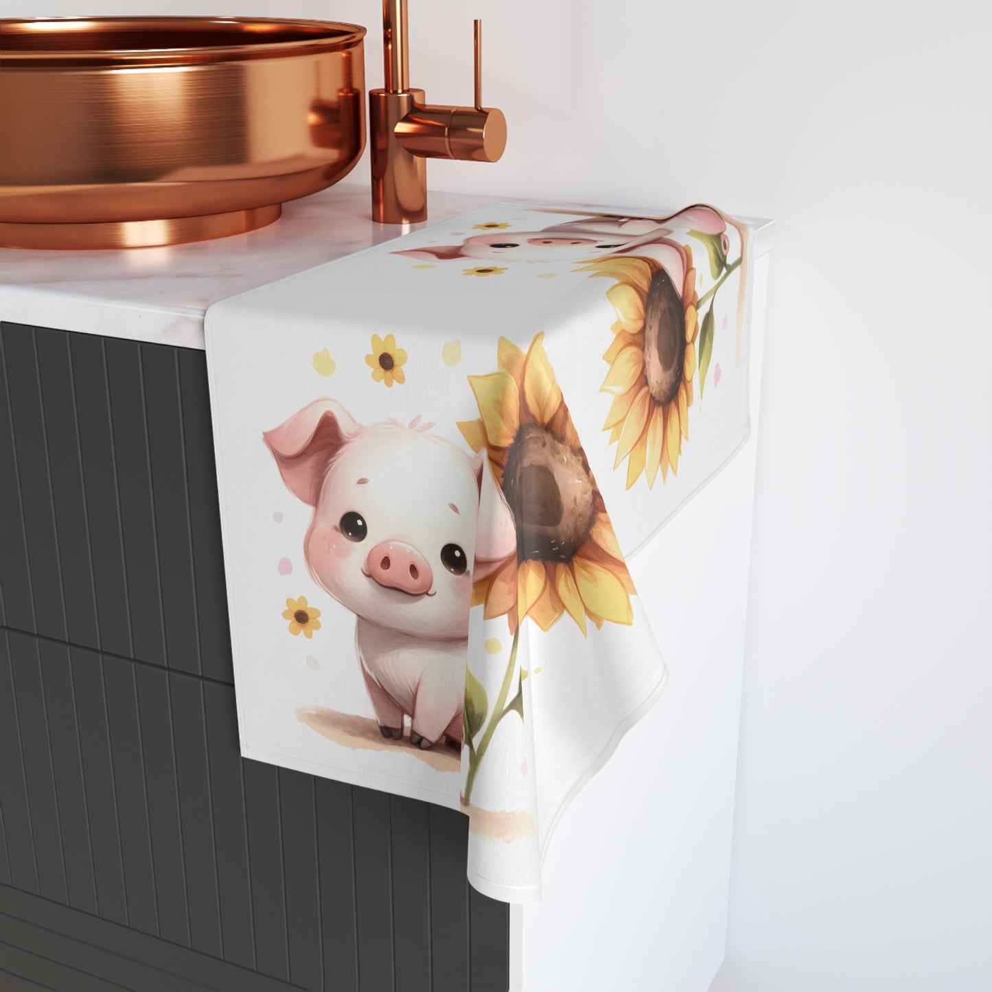 Adorable Piglet Hand Towel with Sunflower, Cute Kitchen Decor, Gift for Animal Lovers, Farmhouse Style, Baby Shower Gift