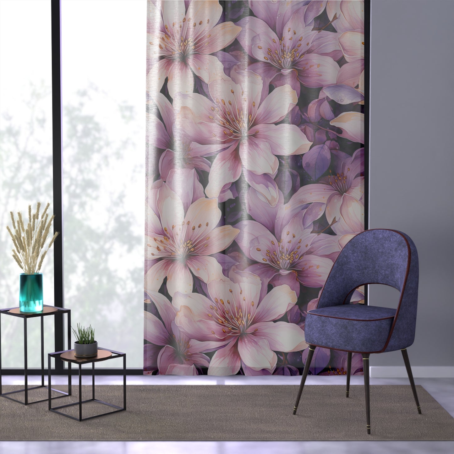 Elegant Floral Window Curtain, Soft Purple Floral Drapes, Living Room Decor, Bedroom Curtains, Spring/Summer Home Accessories